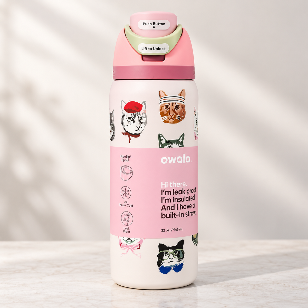Owala Stainless Steel FreeSip Leak-proof Pink Cat Collage | 950ml