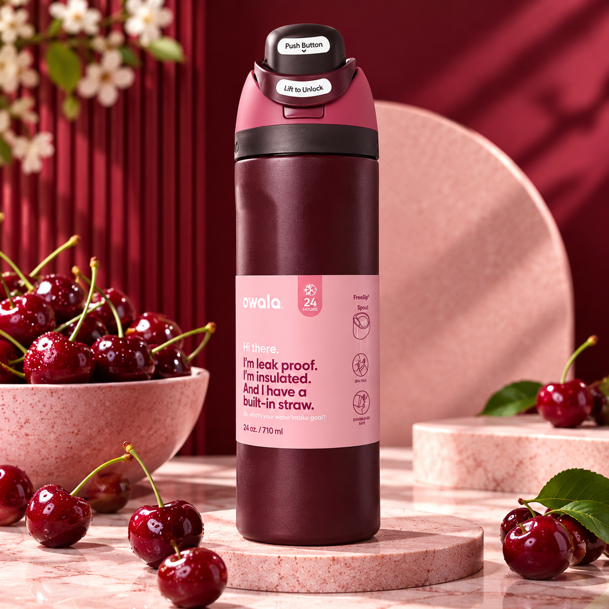 Owala Stainless Steel FreeSip Leak-Proof | Black Cherry Matte | 24-32 Oz | 710-950ml