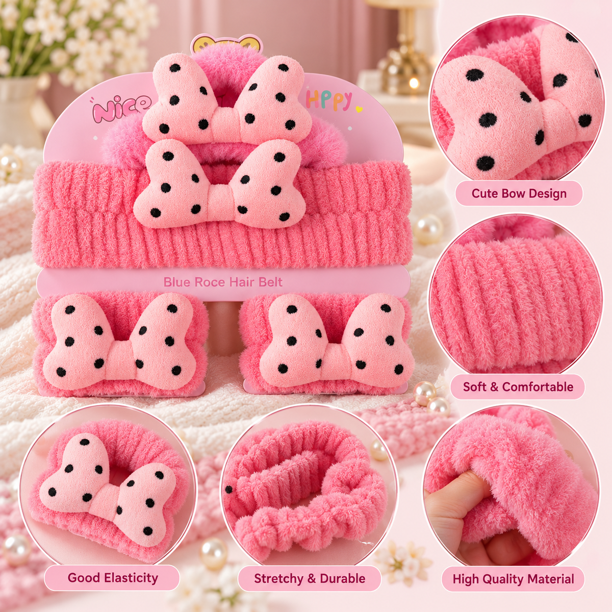 Girls Pink Polka Dot Bow Hair Accessories Set | 4 Pieces