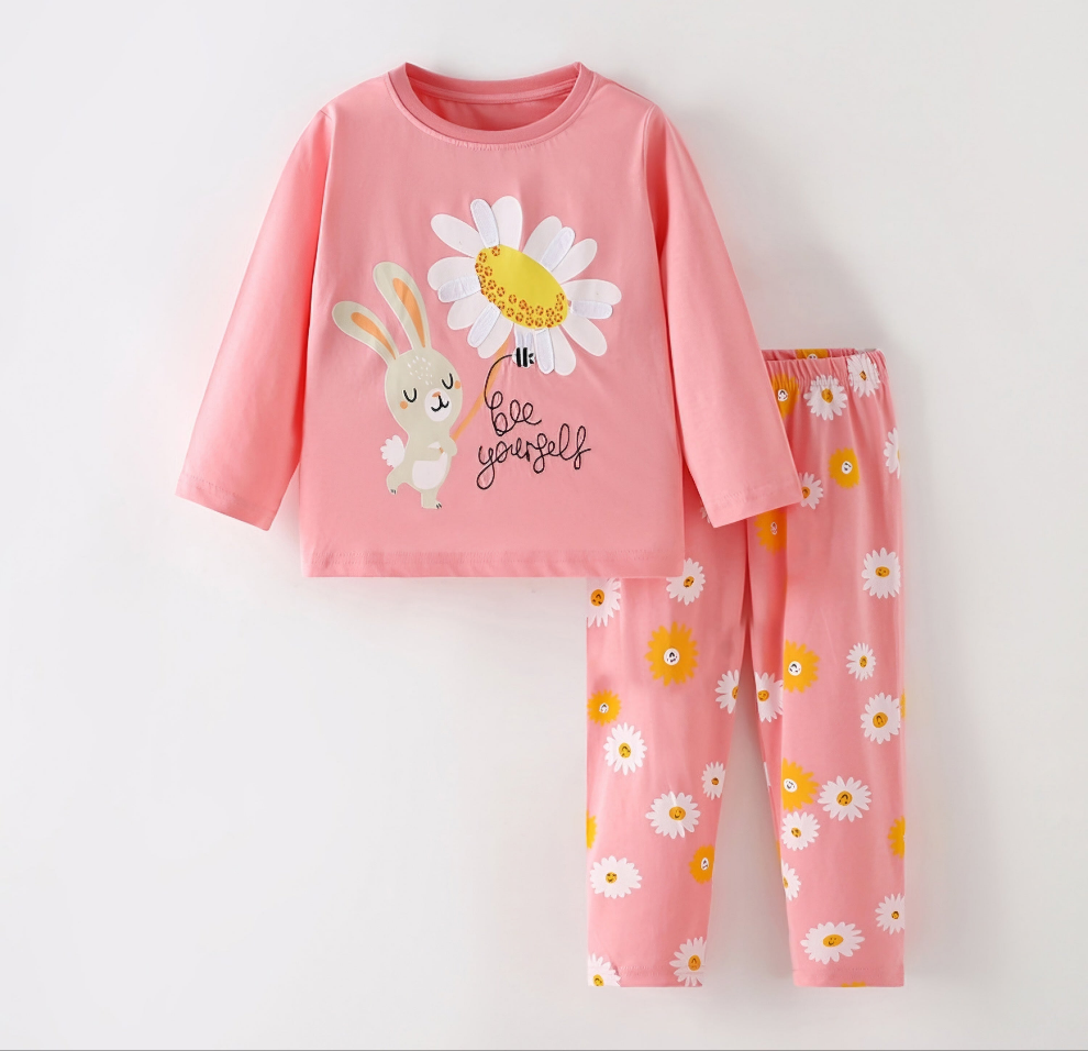 Pijama Cotton 100% For Girls Flower Design Size 3-8y