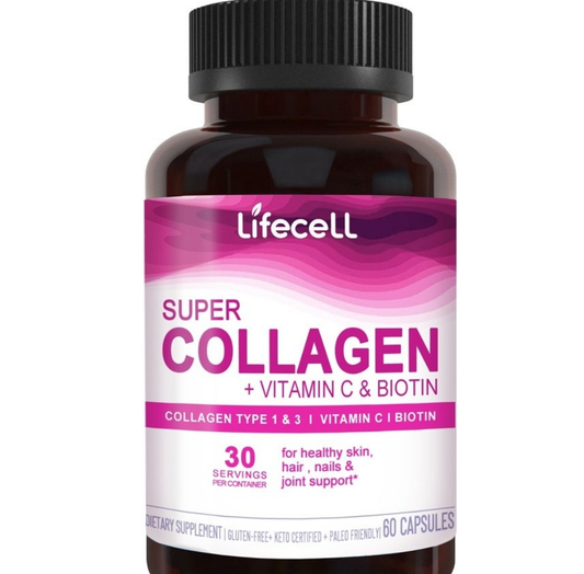 Lifecell Super Collagen Peptides + Vitamin C & Biotin, 3g Collagen Per Serving, Gluten Free, Promotes Healthy Hair, Beautiful Skin, and Nail Support, Dietary Supplement, 60 Tablets