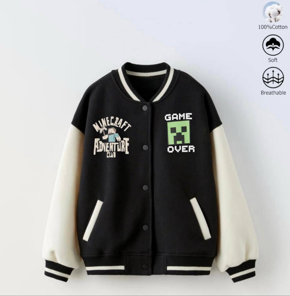 Minecraft Varsity Jacket – Kids Bomber with Fleece 5-14y