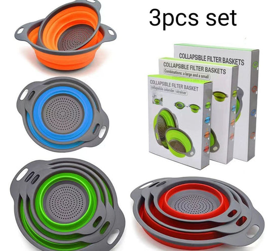 3Pcs Set Collapsible Foldable Silicone Drain Colander Fruit Vegetable Strainer Basket