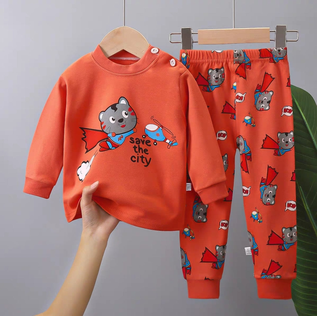 Cotton  100% Pijama For Kids Long Sleeve Super Cat Design