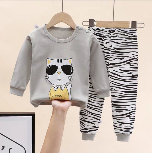 Cotton  100% Pijama For Kids Long Sleeve Cool Cat Design