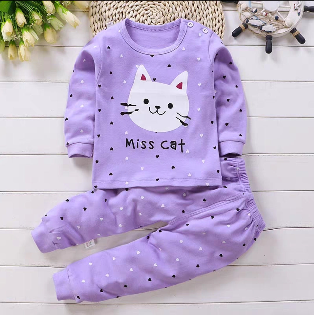 Cotton  100% Pijama For Kids Long Sleeve Cat Design