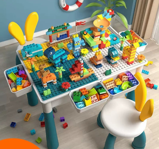 Kids Multi-Functional Educational Block Table and 2 Chairs Set （Include 109pcs building blocks）