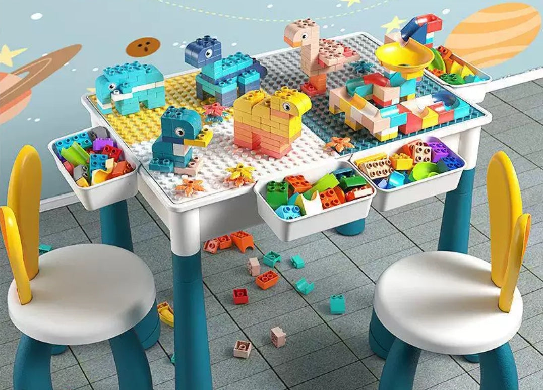 Kids Multi-Functional Educational Block Table and 2 Chairs Set （Include 109pcs building blocks）