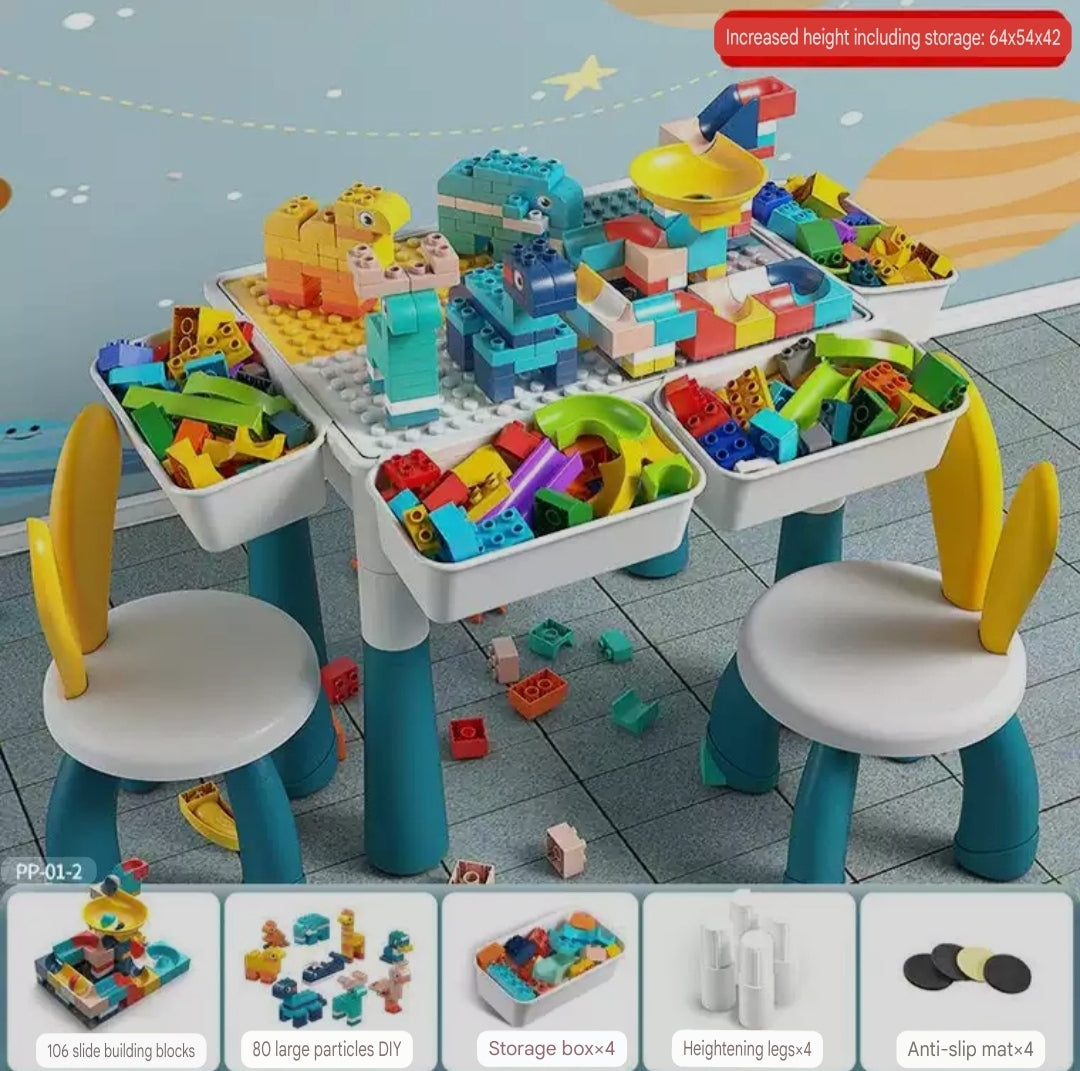 Kids Multi-Functional Educational Block Table and 2 Chairs Set （Include 109pcs building blocks）