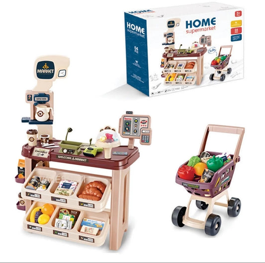 Mundo Toys Supermarket Play Set with Shopping Cart & Coffee Shop, 64 Accessories Box 57x45x18cm