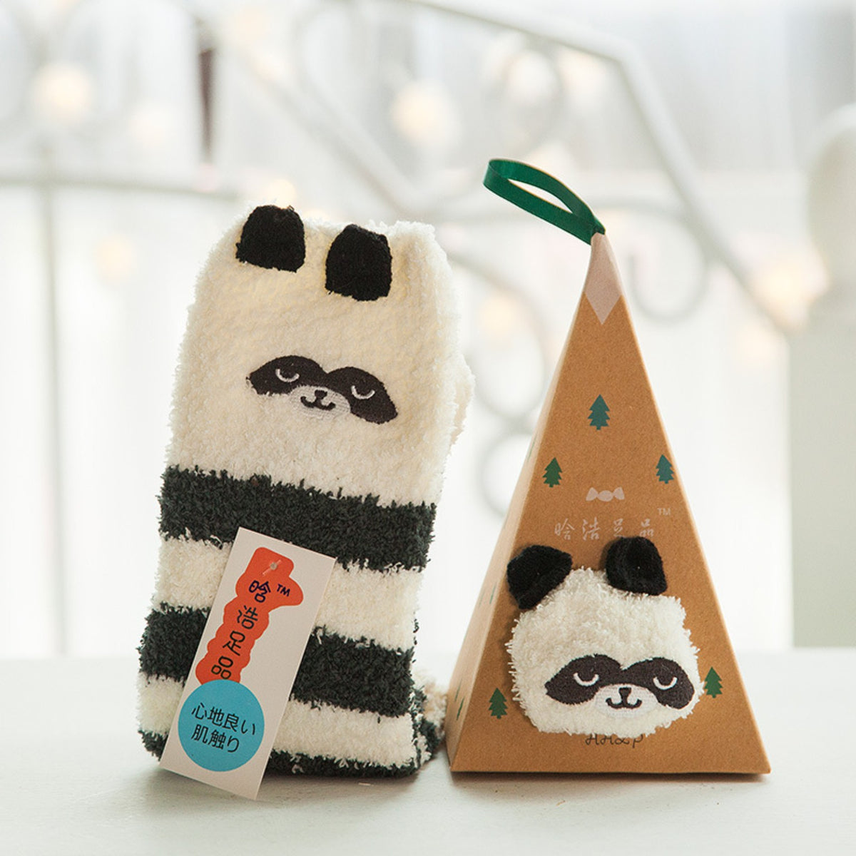Panda design fuzzy socks and matching triangular gift box