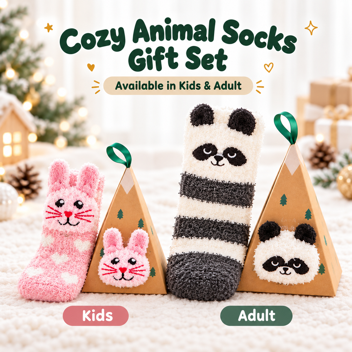 Kids and adult fluffy animal socks with matching gift boxes
