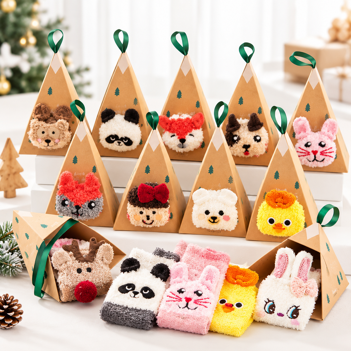 Fluffy animal socks and triangular gift boxes in festive product display
