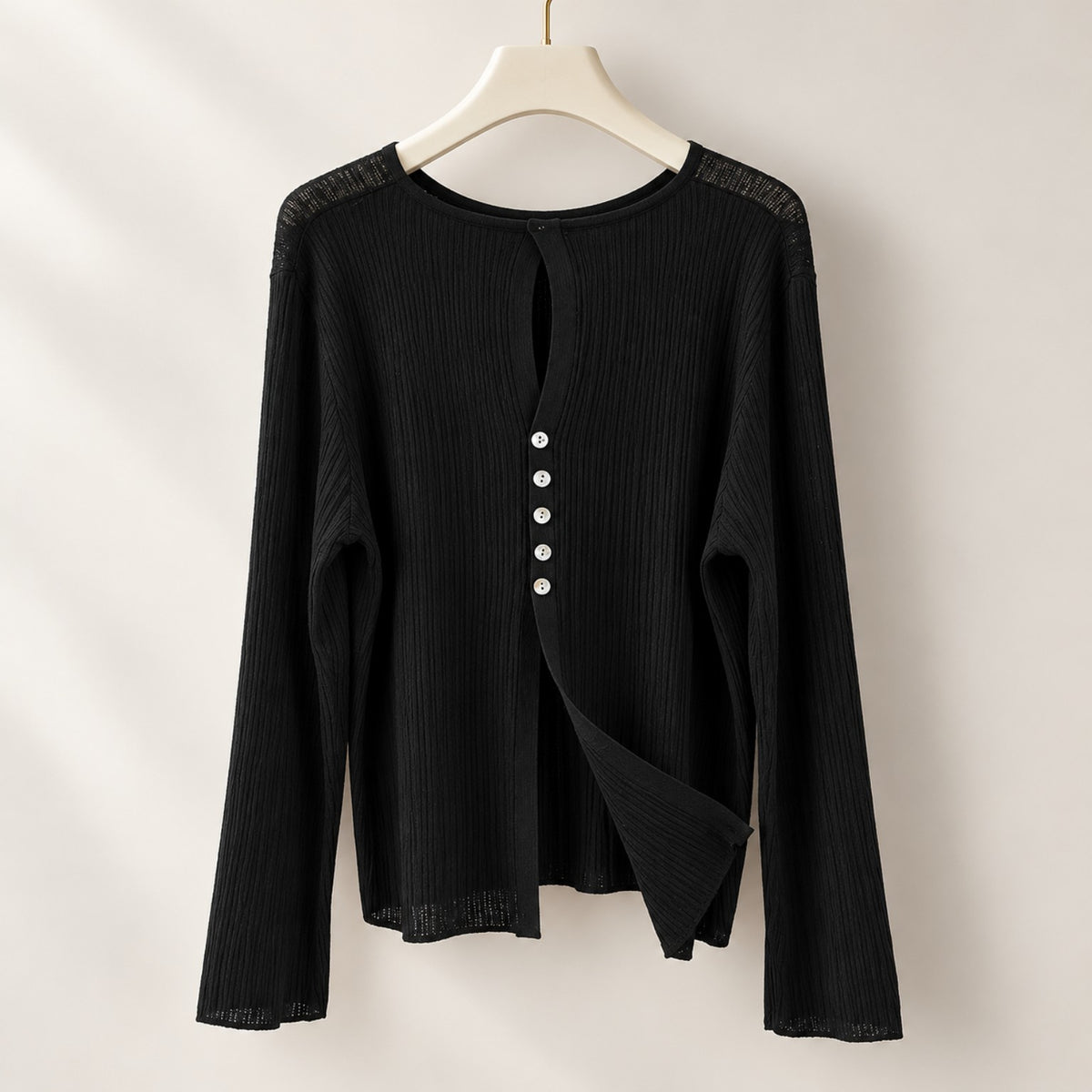 Black women's ribbed long sleeve button front cardigan XL with asymmetrical hem, clean square product photo