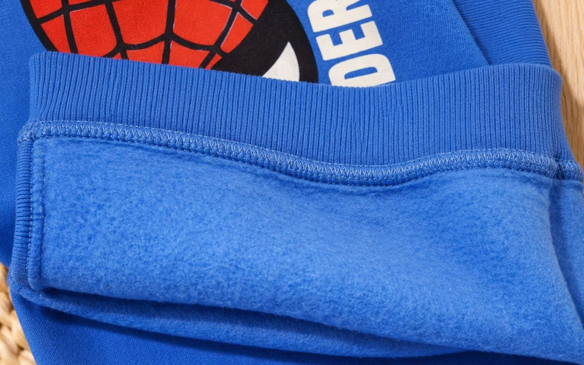 Detail of blue Spider-Man warm fleece lining and ribbed fabric