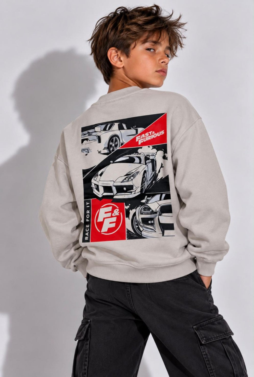 Boys grey racing sweatshirt back car graphic