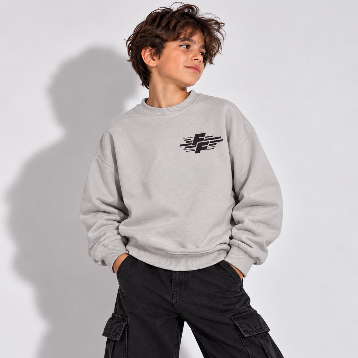 Boys grey racing graphic oversized sweatshirt front view