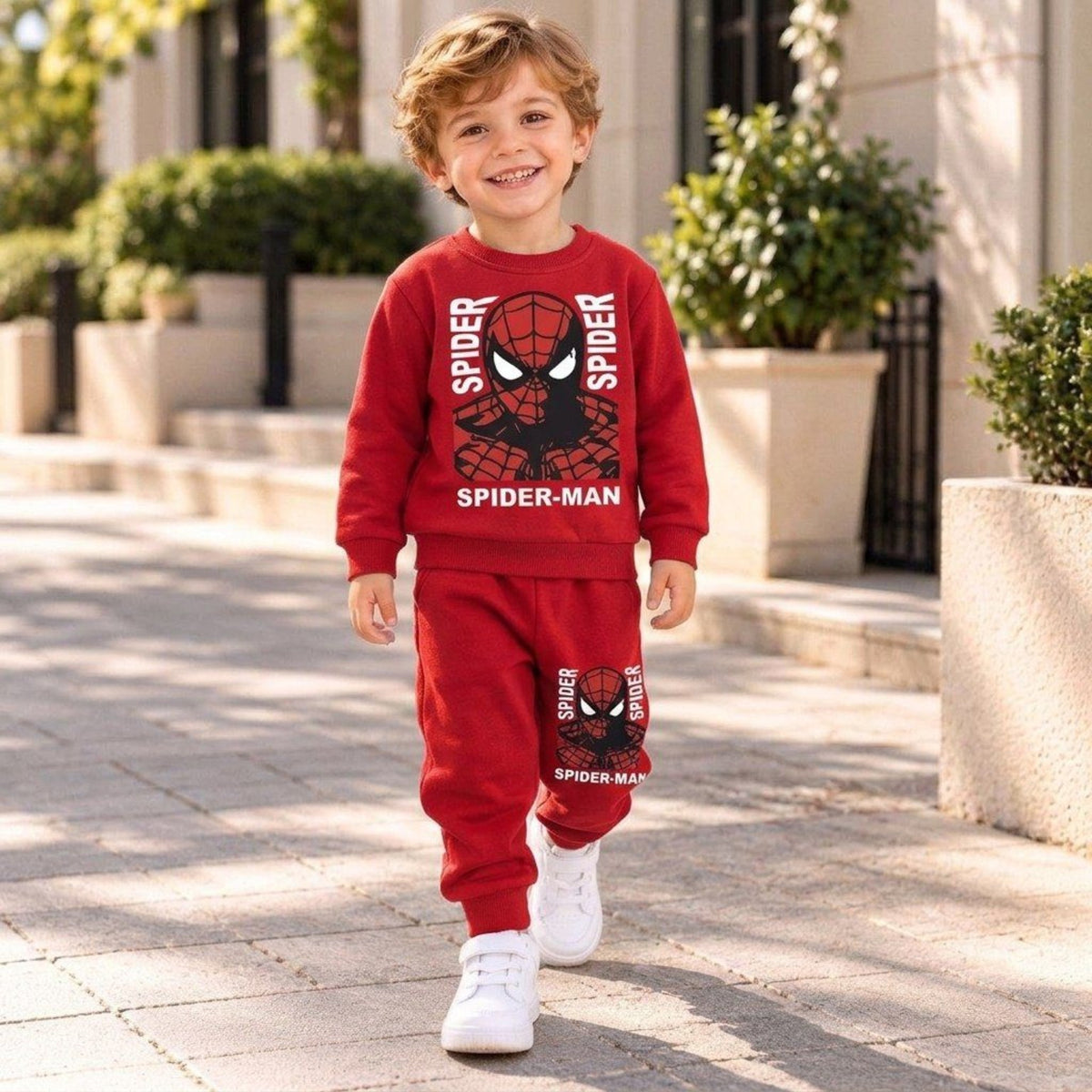 Boys Spider-Man warm red sweatshirt and pants set on model, ages 2 to 6