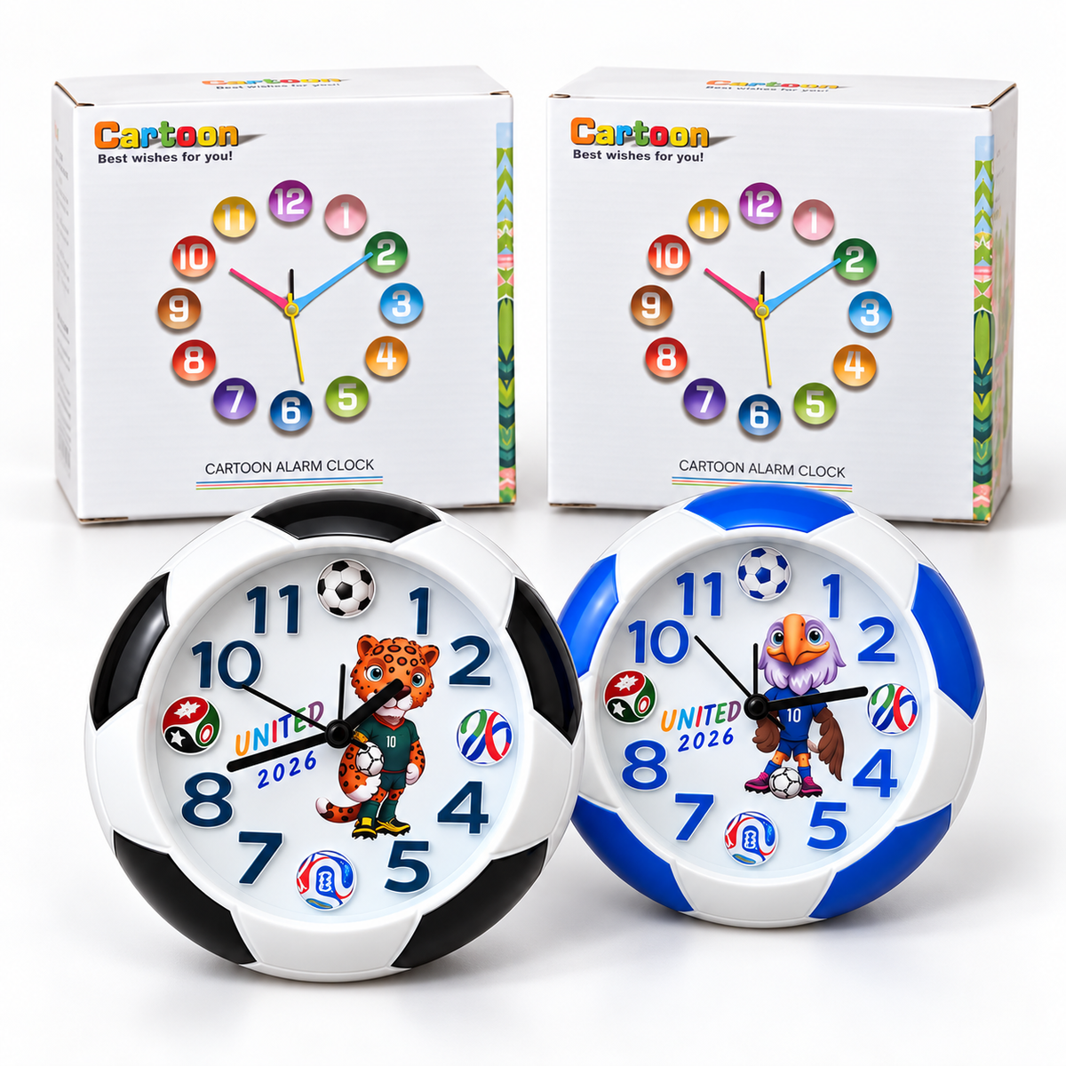 Cartoon soccer alarm clocks with boxes