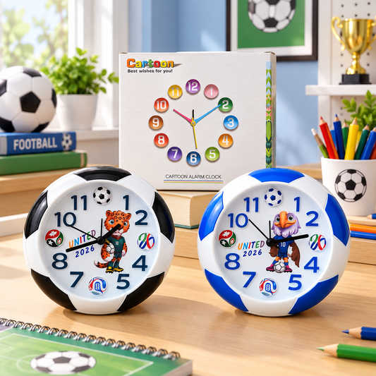 Cartoon football alarm clocks on a kids study desk