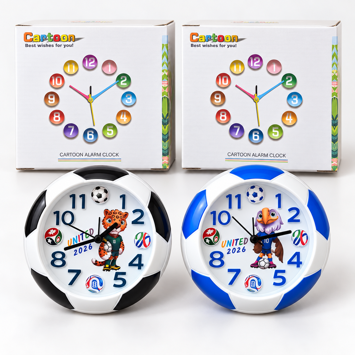 Cartoon soccer alarm clocks in black and blue with retail boxes