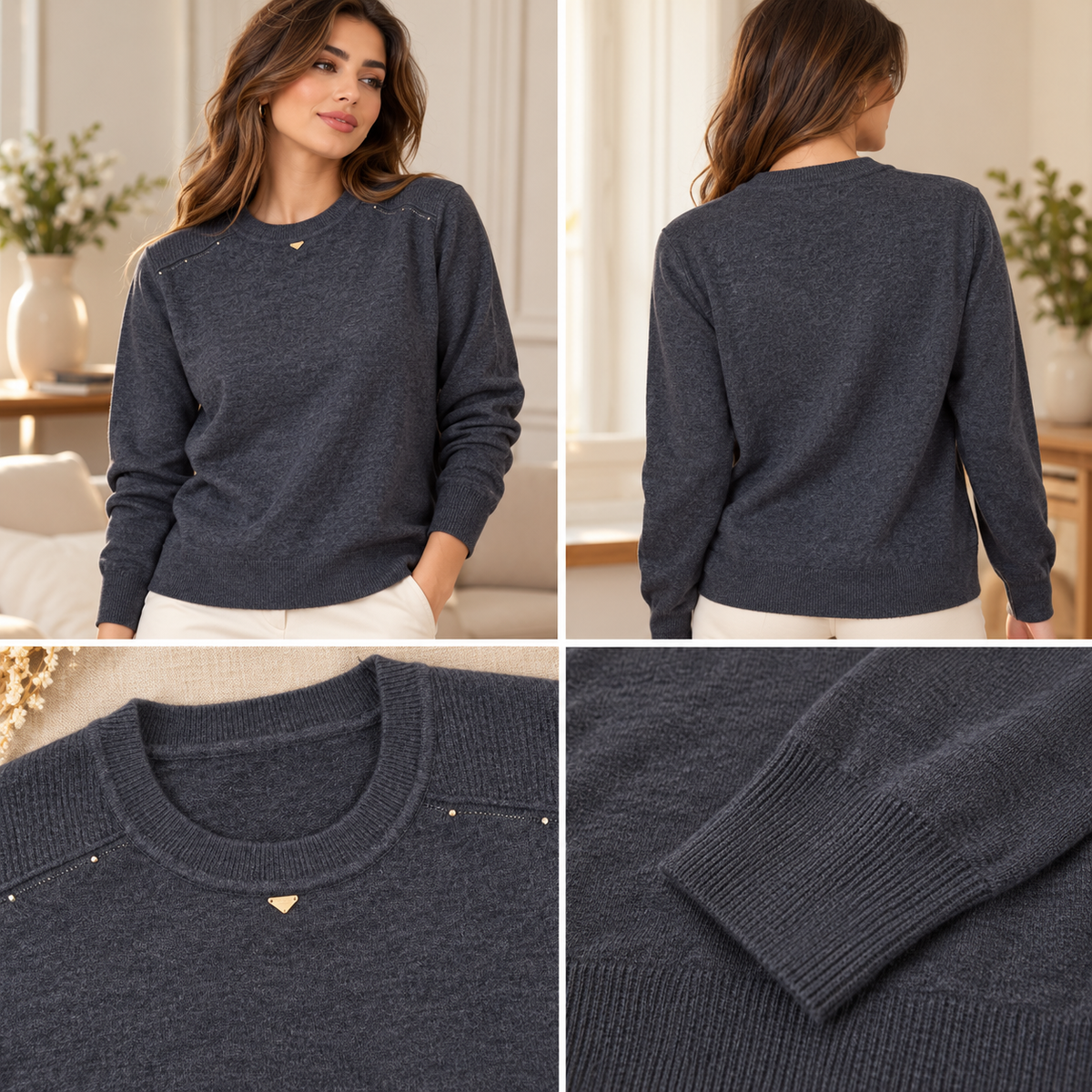 Front, back, neckline and cuff details of charcoal knit sweater