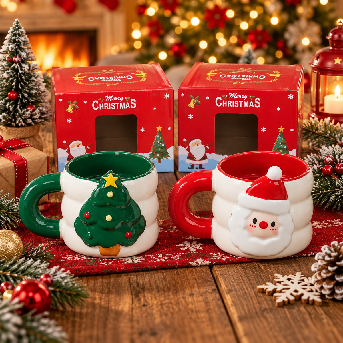 Christmas ceramic mugs 350ml in Santa and Christmas Tree designs with gift boxes
