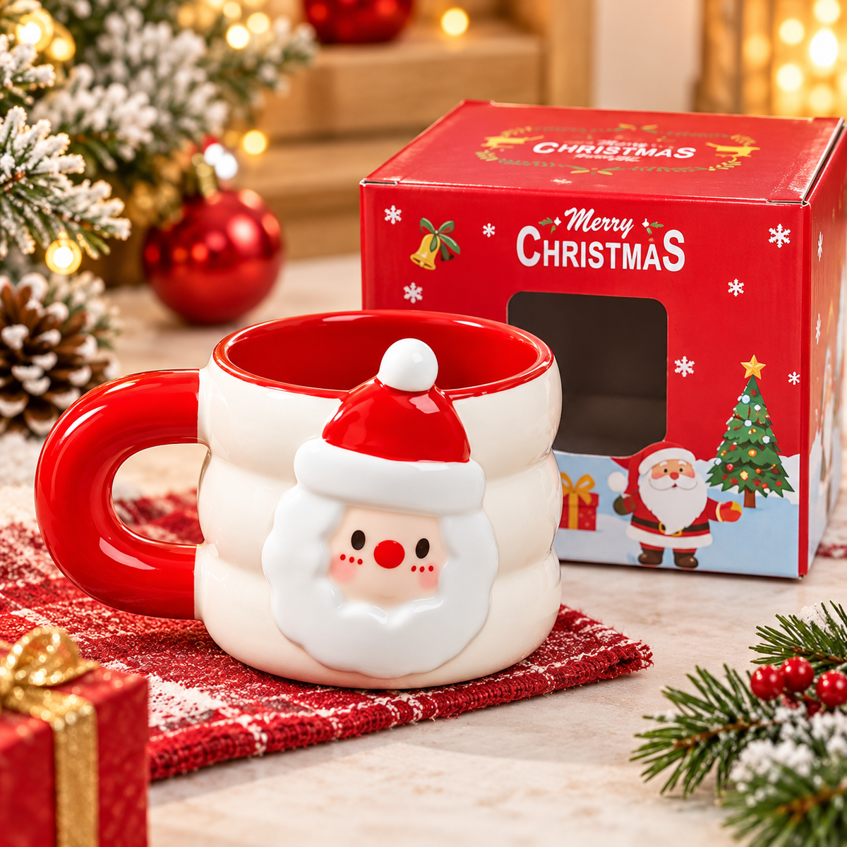 Santa ceramic Christmas mug with Merry Christmas gift box