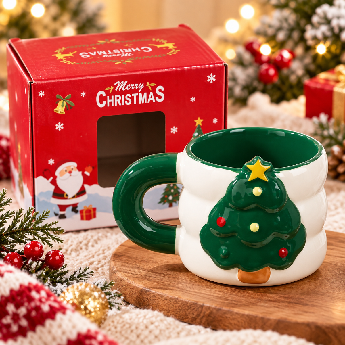 Christmas Tree ceramic mug with Merry Christmas gift box