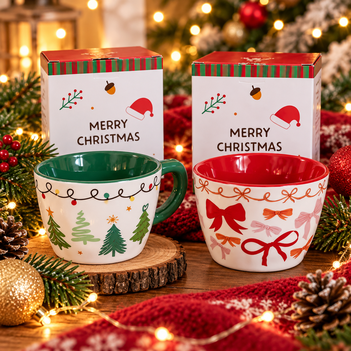 Christmas ceramic mugs in red and green designs with gift boxes