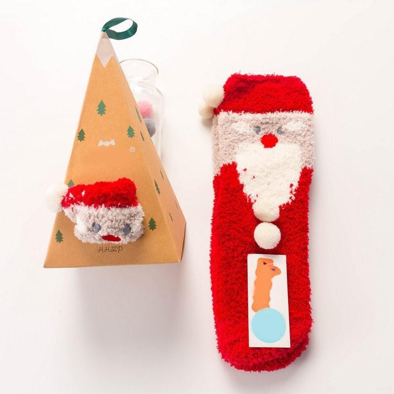 Red Santa Christmas fuzzy socks with triangle gift box