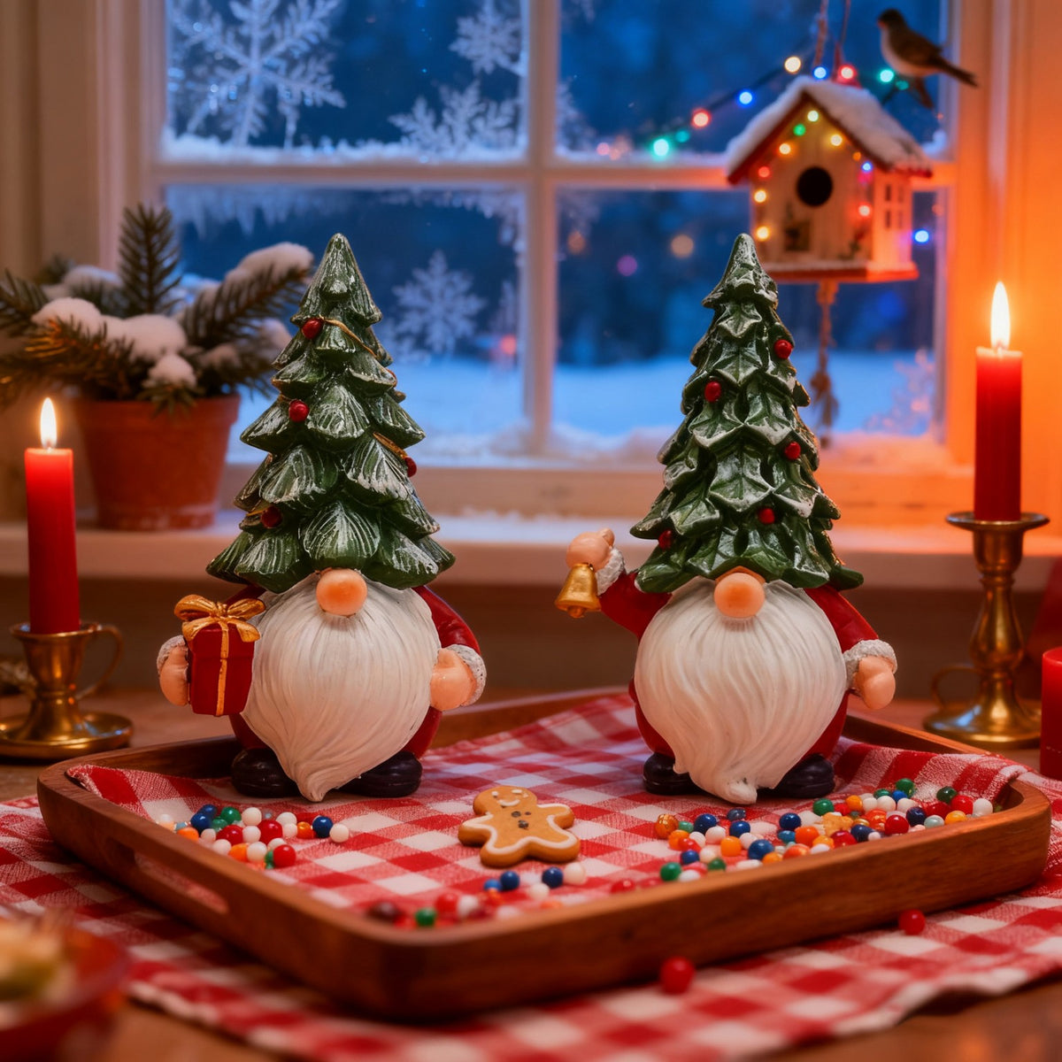 Two Christmas gnomes with tree hats – set of 2 – main lifestyle photo