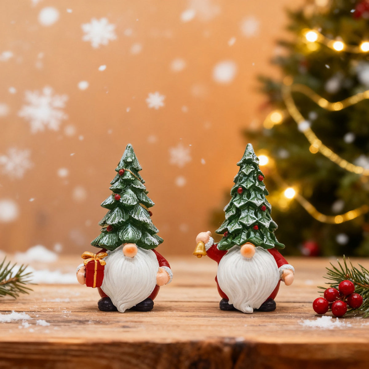 Two Christmas gnomes, gift and bell designs
