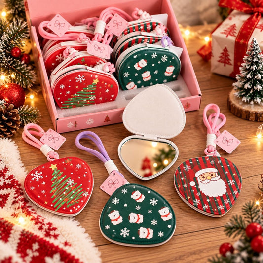Christmas heart shaped folding compact mirror designs and hanging cord image 1