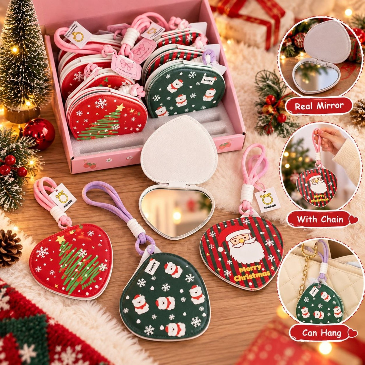Christmas heart shaped folding compact mirror designs and hanging cord image 2