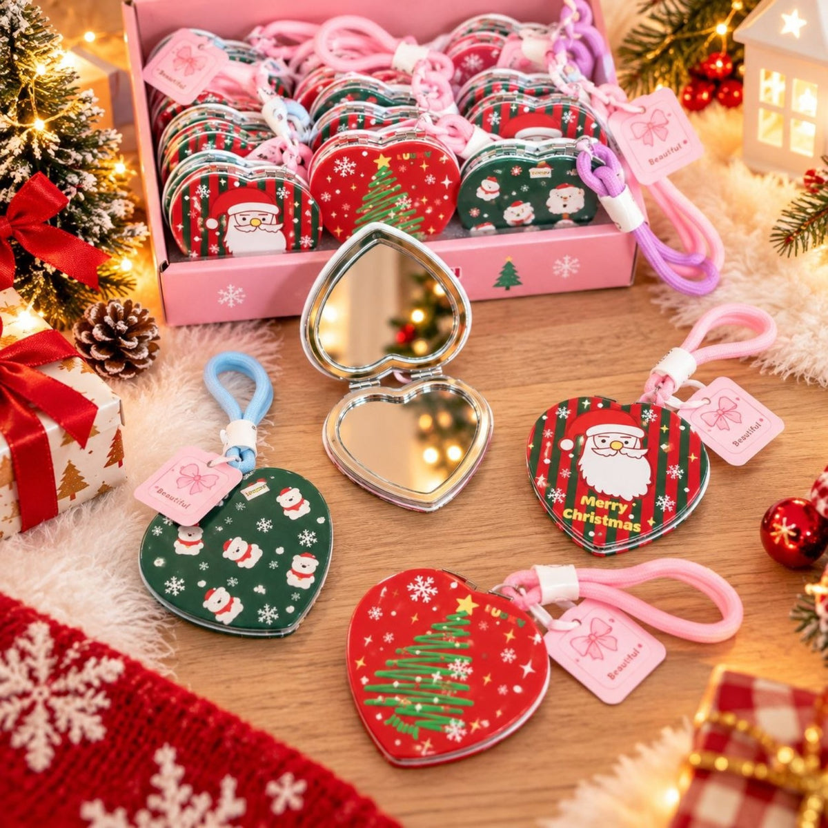 Christmas heart shaped folding compact mirror designs and hanging cord image 3