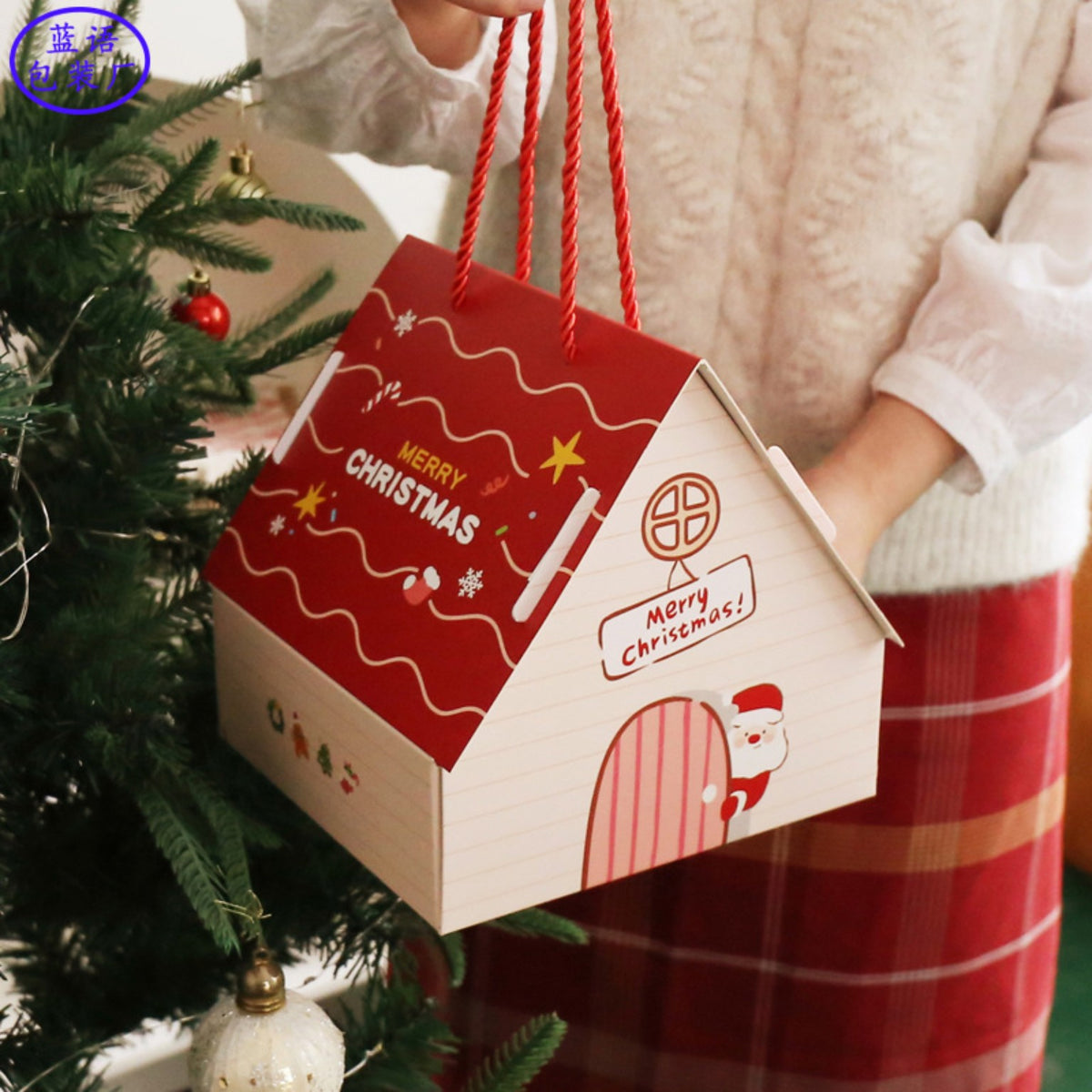 Christmas house shaped gift box with rope handles