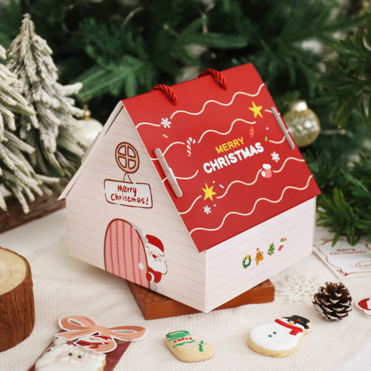 Christmas house gift box festive lifestyle view