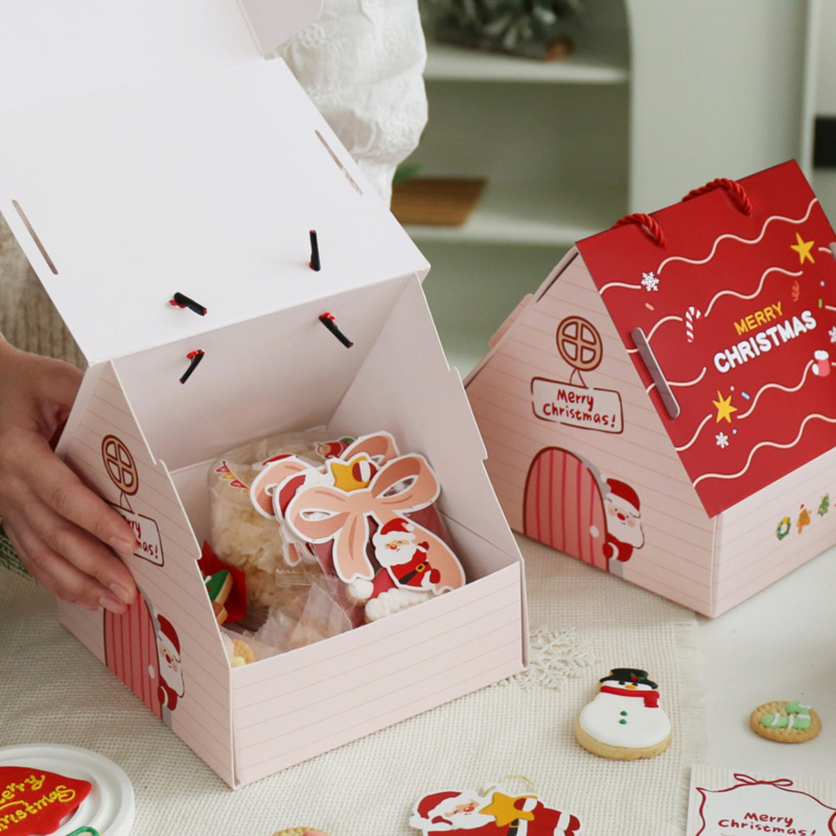 Christmas house shaped gift box open view