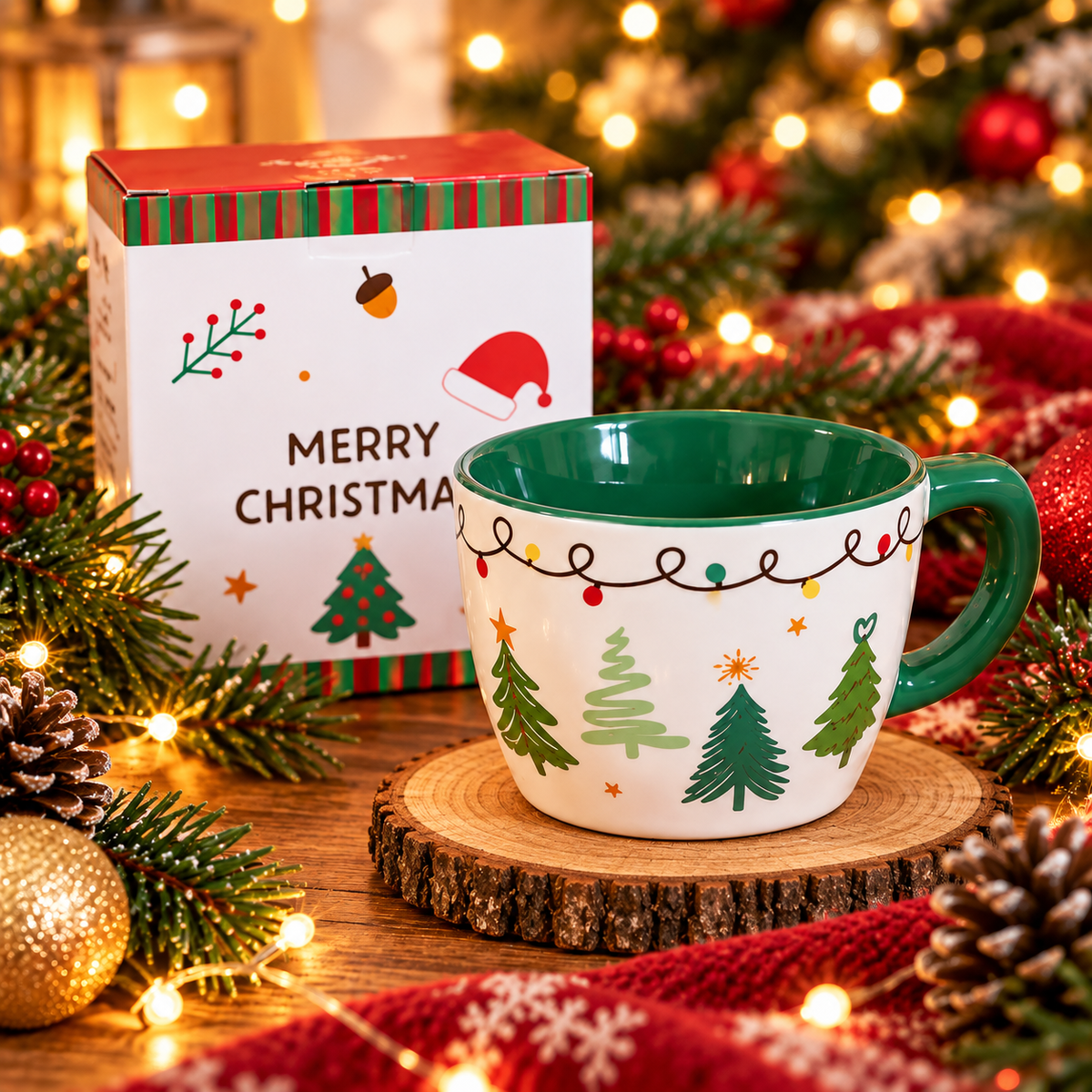 Green Christmas ceramic mug with tree design and gift box