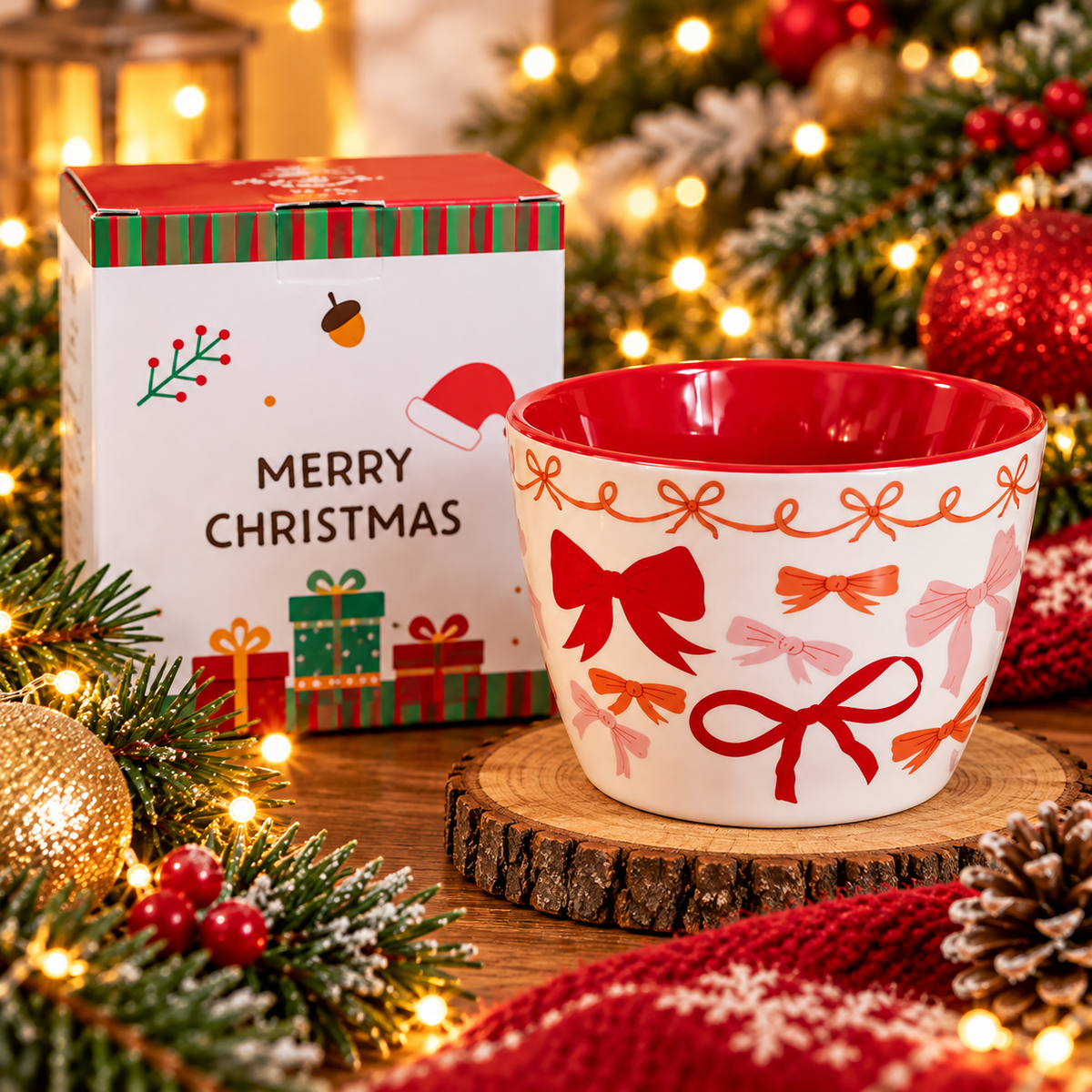 Red Christmas ceramic mug with bow design and gift box