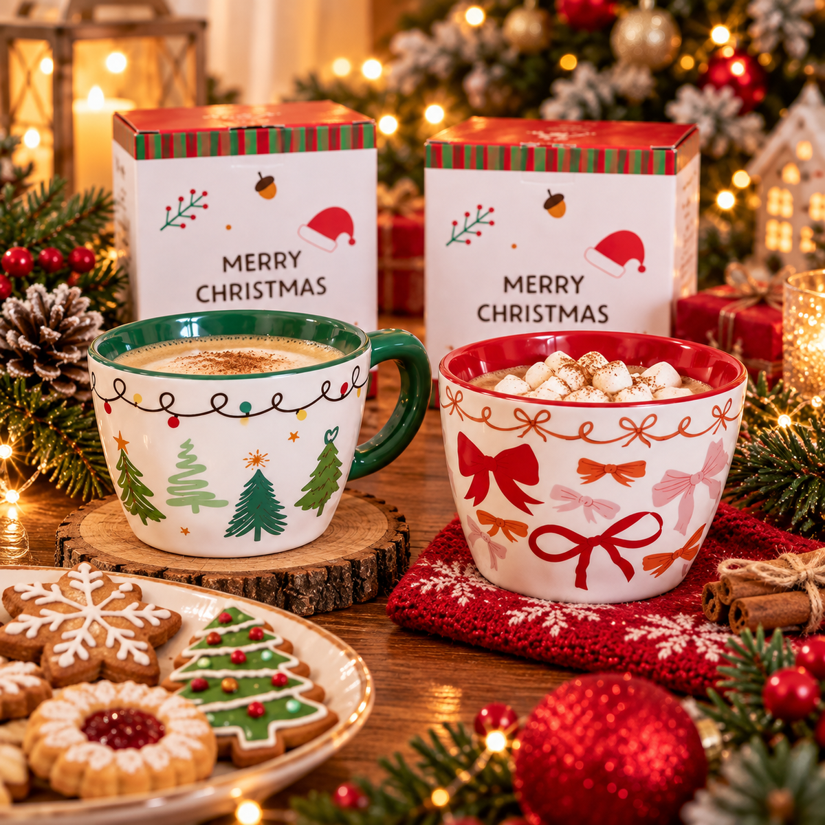 Red and green Christmas ceramic mugs in festive lifestyle setting