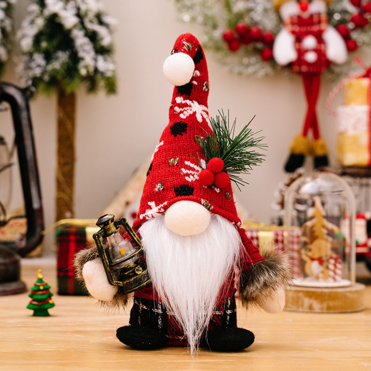 Red Christmas gnomes with knitted hats - festive decorative designs