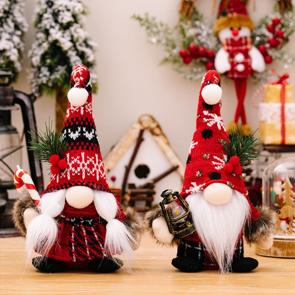 Red Christmas gnomes with knitted hats - festive decorative designs