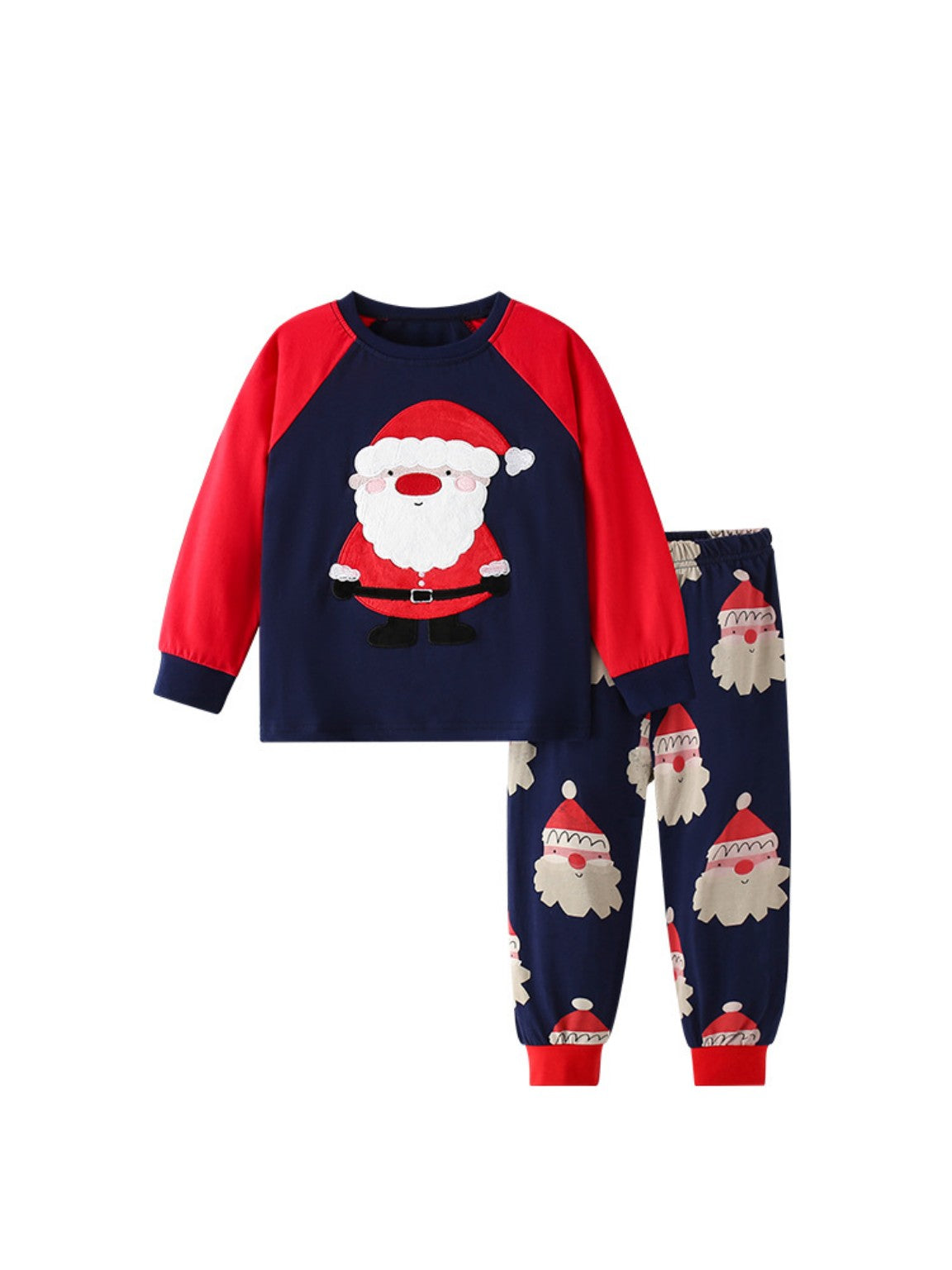 Two-piece Santa Christmas pajamas flat lay - red sleeve top and patterned pants