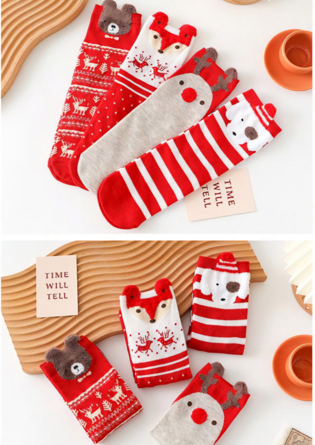 Christmas socks shown in four festive designs