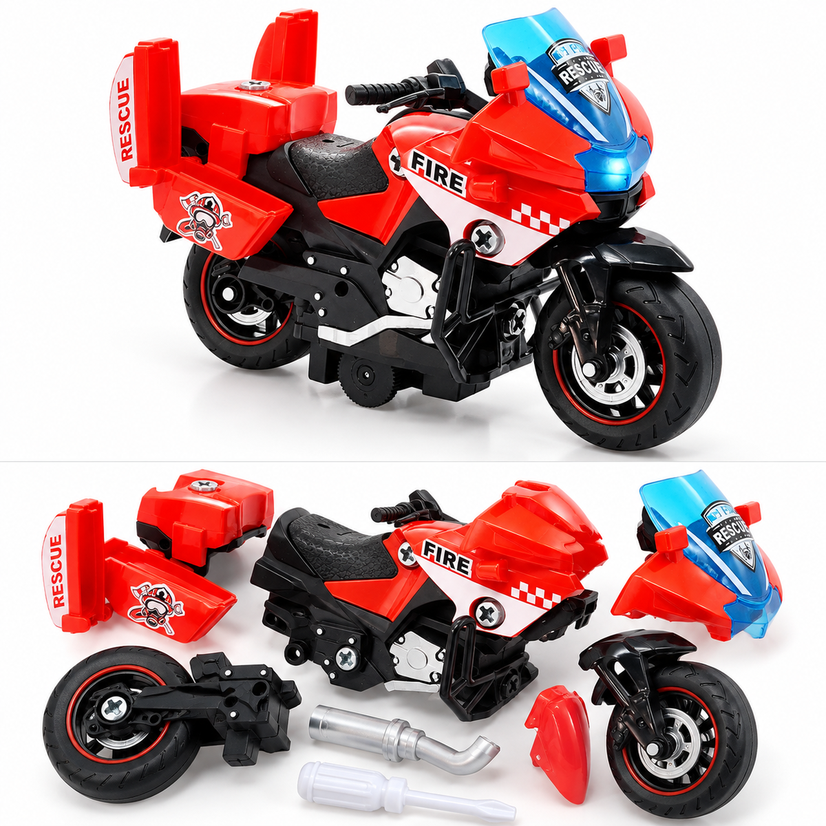 Fire Rescue motorcycle toy assembled and disassembled with screwdriver