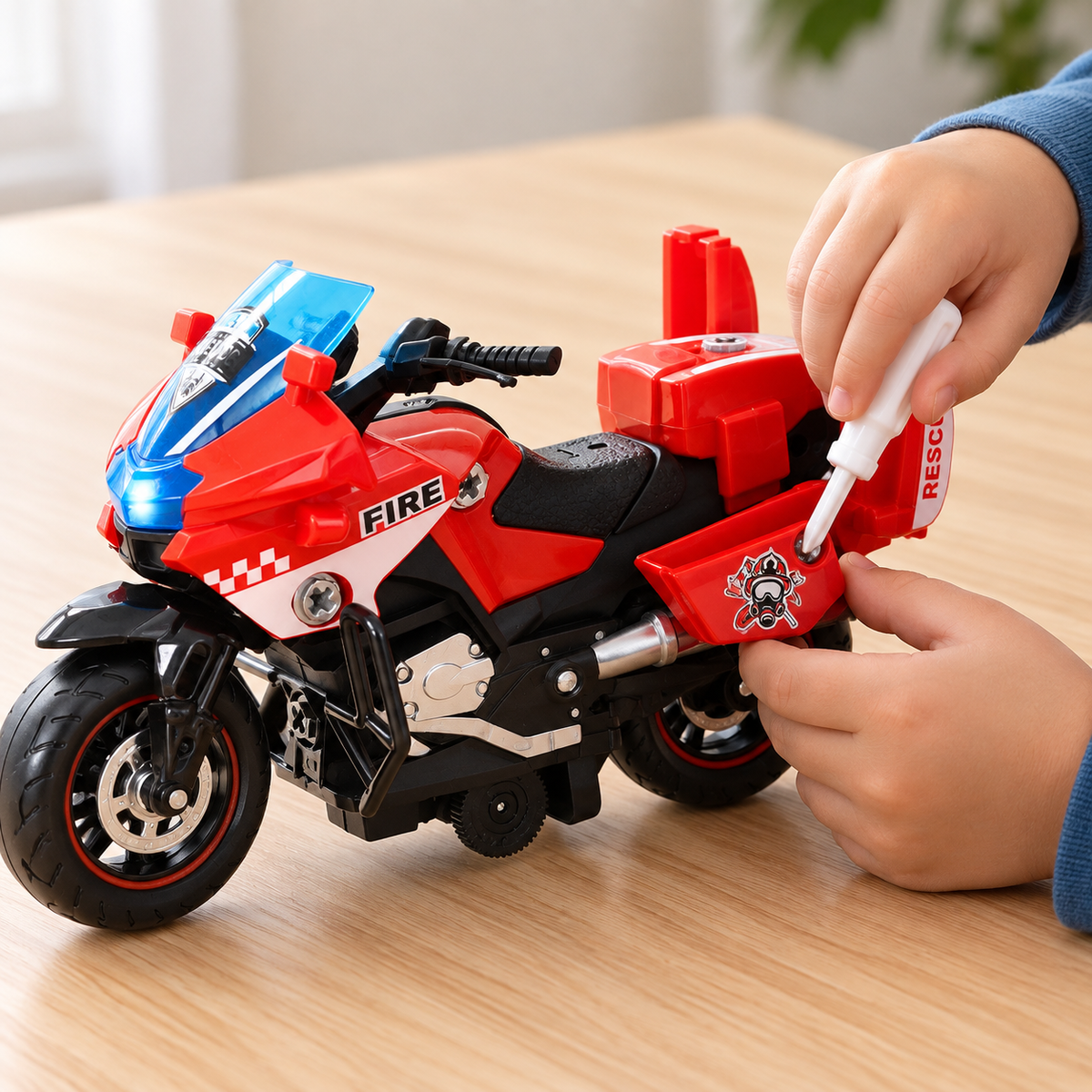 Child assembling Fire Rescue motorcycle toy with screwdriver