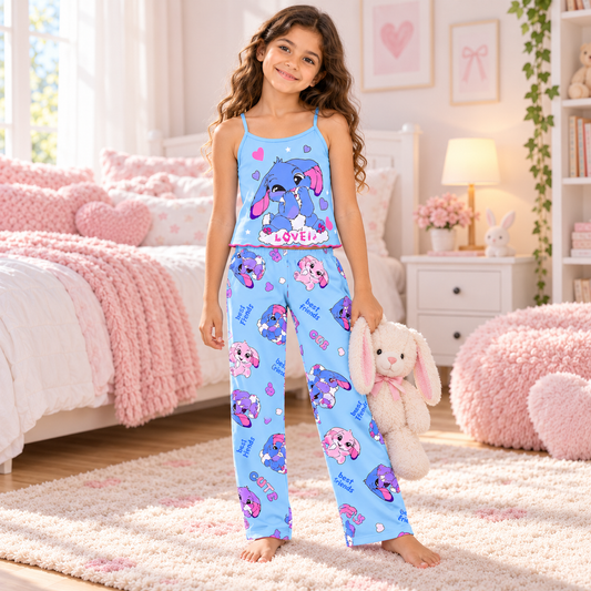 Girls sky blue cartoon cropped pajama camisole and long pants modeled by an 8-year-old girl
