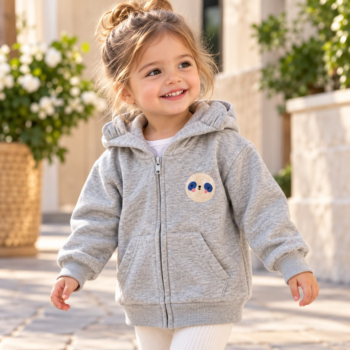 Girls 2Y grey cotton zip-up hoodie with cute bear face patch, front pockets and hood